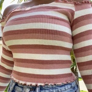 Forever 21 Pink & Cream Striped Lace-Up Off Shoulder Crop Top, Size L, NWT